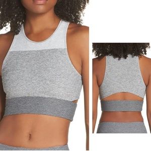 USED - OUTDOOR VOICES TRI-TONE SLASHBACK CROP TOP SPORTS BRA - MEDIUM - GREY
